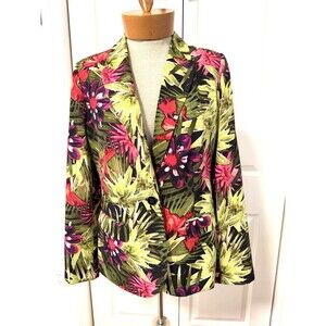 Chicos Size 00 XS Palm Leaf Tropical Floral Print Single Button Blazer Jacket